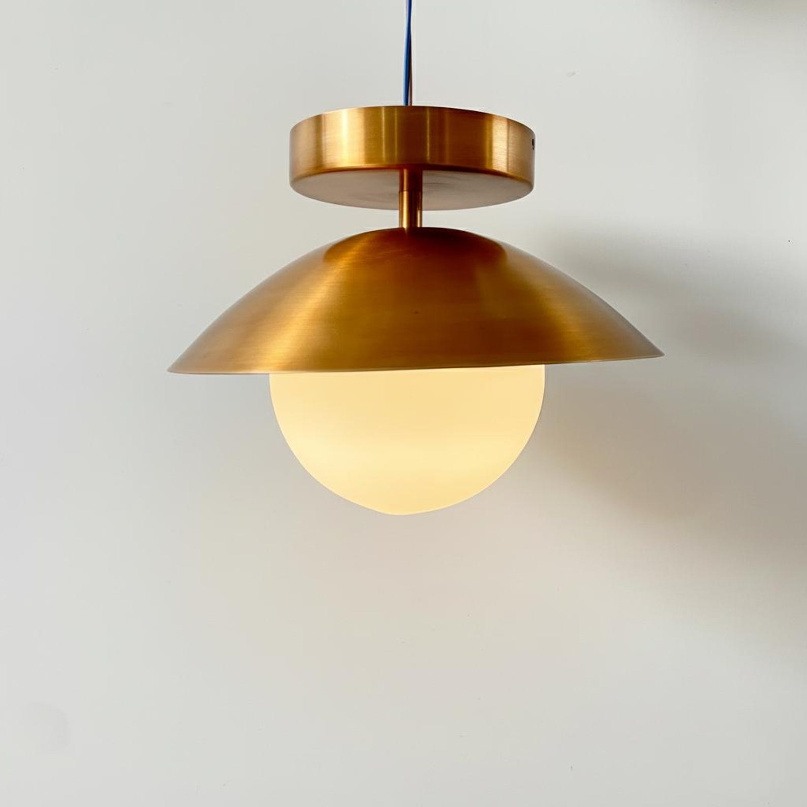 Mid Century Modern Brass Globe Pendant Light — Opal Glass — photo 1