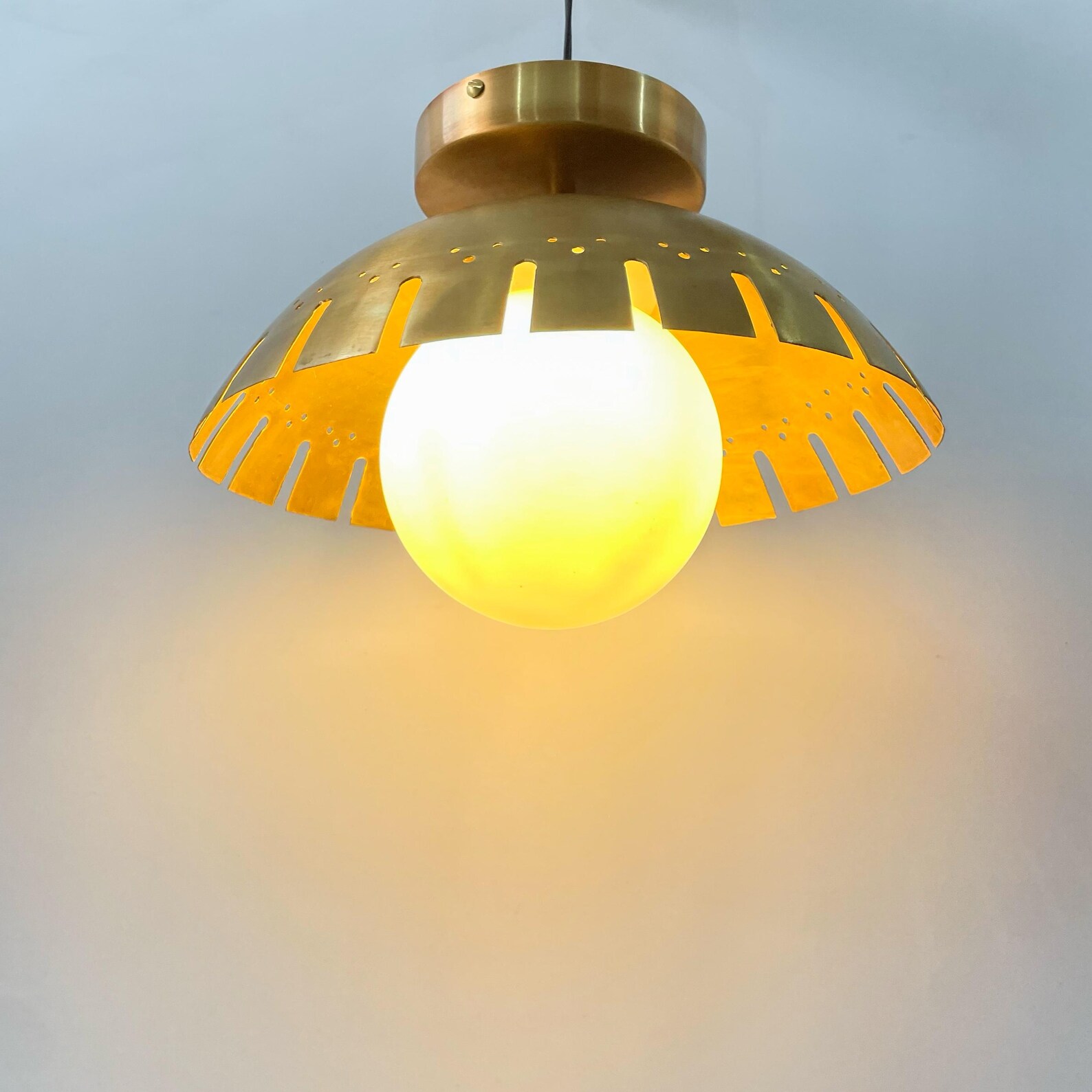 Mid Century Modern Brass Globe Pendant Light — Opal Glass II — photo 1